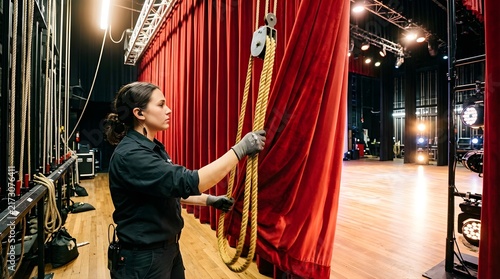 Stage Technician Adjusting Red Velvet Curtains in a Professional Theater