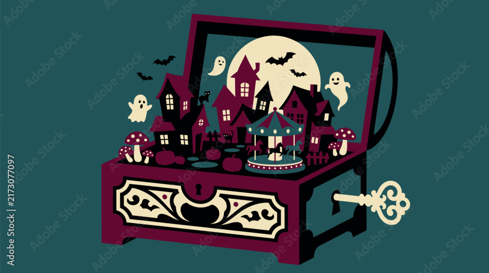 Fototapeta premium A spooky vintage music box featuring a haunted house scene for a creative halloween banner design