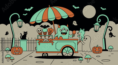 A festive halloween banner featuring a spooky ice cream cart with monsters under a full moon