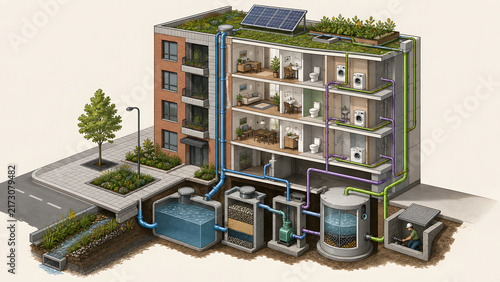 Isometric Rainwater Harvesting and Greywater Reuse Building