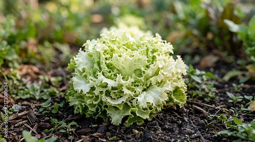 A head of frilly green lettuce growing in dark soil in a vegetable garden during the daytime shot