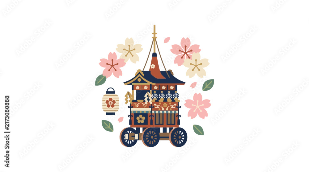 Fototapeta premium Japanese festival float surrounded by cherry blossom petals.