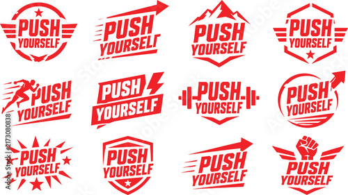 Red push yourself motivational text badges for fitness and sports inspiration.