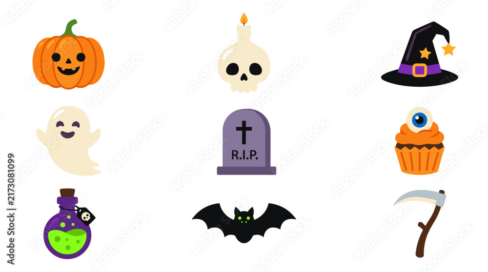 Fototapeta premium Halloween symbols including ghost tombstone witch hat skull candle and magic potion bottle