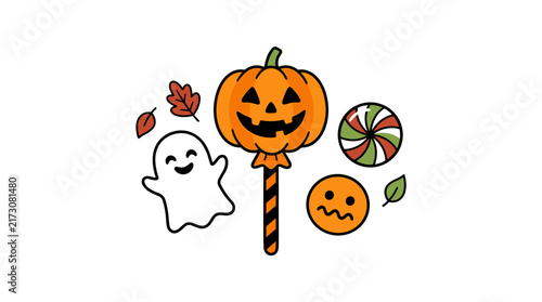 Autumn halloween treats with jack o lantern pumpkin lollipop ghost and colorful candies