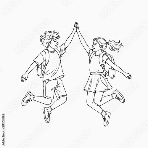 Two joyful school kids jumping and high-fiving, celebrating friendship and achievement