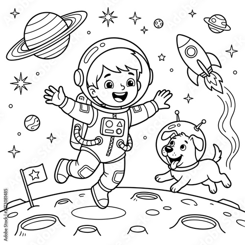 Astronaut boy and dog floating in space near planets and rocket ship