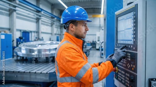 A technician in safety gear operates a computer numerical control machine in an industrial workshop setting cnc panel operator manufacturing