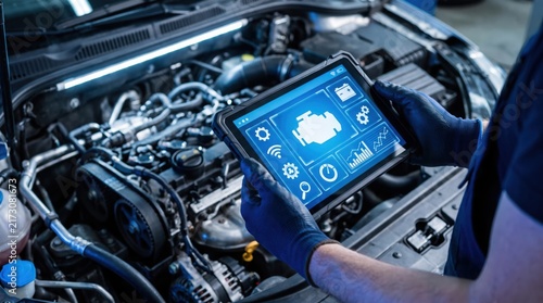 A mechanic utilizes a digital tablet displaying engine diagnostics within a brightly lit automotive repair shop vehicle diagnosis technology maintenance