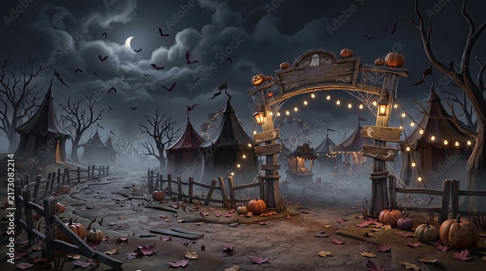 Obraz premium Spooky halloween background, banner, and backdrop showing a haunted carnival with lights, pumpkins, bats, and tents under a foggy moonlit sky.
