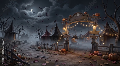 Spooky halloween background, banner, and backdrop showing a haunted carnival with lights, pumpkins, bats, and tents under a foggy moonlit sky.