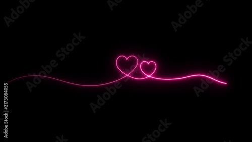 Wedding animated neon pink line flowing from top left into bottom corner hearts in 4k on black background