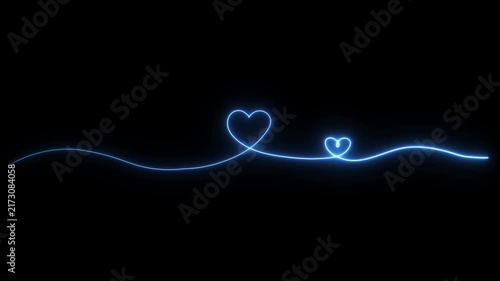 Heart animated neon glowing blue line forming double hearts moving smoothly in 4k on black background