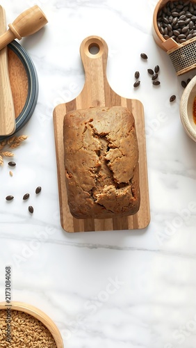 Top View Brown Whole Grain Wheat Bread Food Loaf Wooden Cutting Board