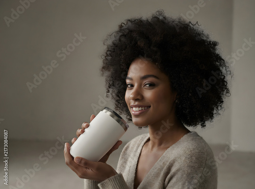 Happy Black woman enjoying a cup of coffee or tea at home in a cozy indoor setting