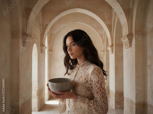 Elegant woman contemplating a meal or ritual in a historic arched walkway