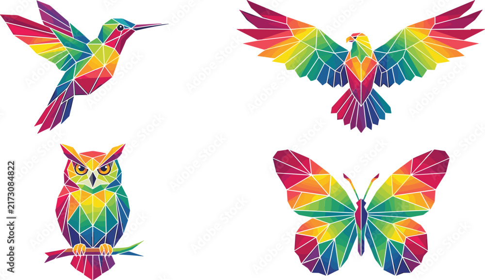 Fototapeta premium Colorful Low Poly Bird and Butterfly Geometric Icon Set Featuring Hummingbird Owl Eagle and Insect Origami Vector Graphic Illustration