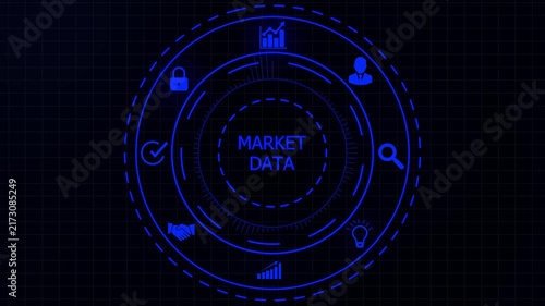 Advanced digital HUD interface with the text MARKET DATA at its core surrounded by glowing blue for business growth security and analysis on a dark background.4K animation motion graphic Video.