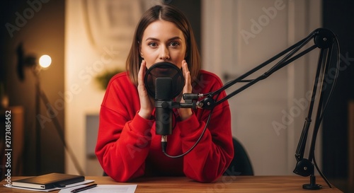 Young woman speaking into a microphone wearing a red sweater. Home studio setup for recording audio content.