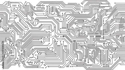 Dark electronic circuit board pattern with intricate lines on transparent background for tech layout.