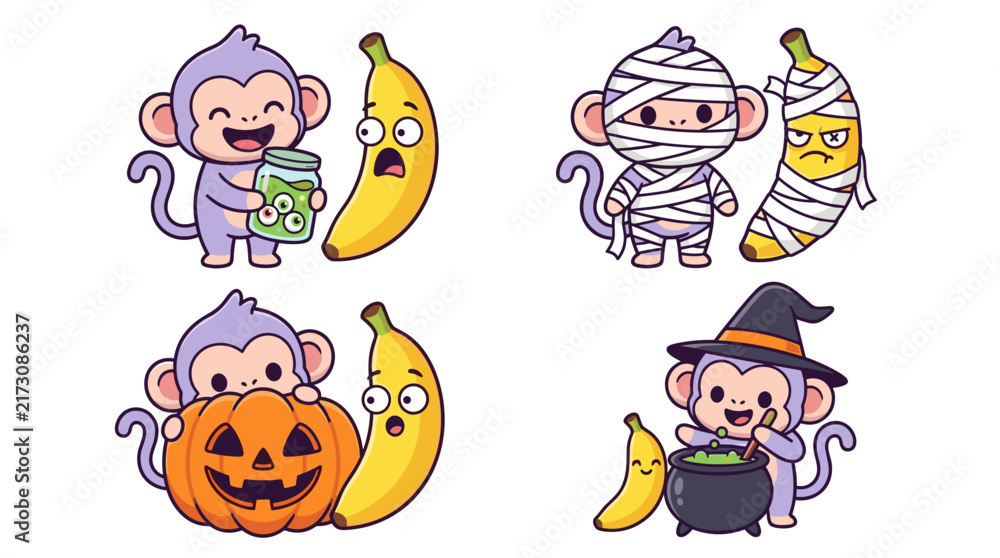Fototapeta premium Set of funny monkey and banana characters in various halloween costumes and activities