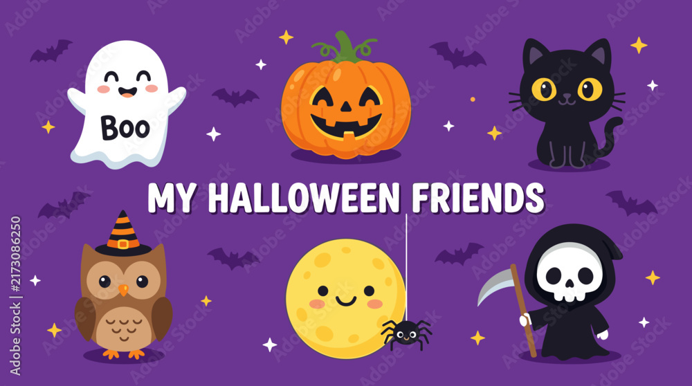 Obraz premium Halloween friends characters with ghost, pumpkin, black cat, owl, moon, and grim reaper