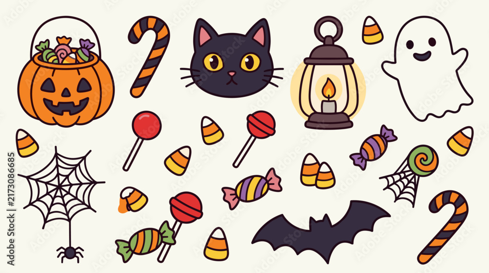 Fototapeta premium Collection of halloween elements and candy for festive autumn designs and decorations
