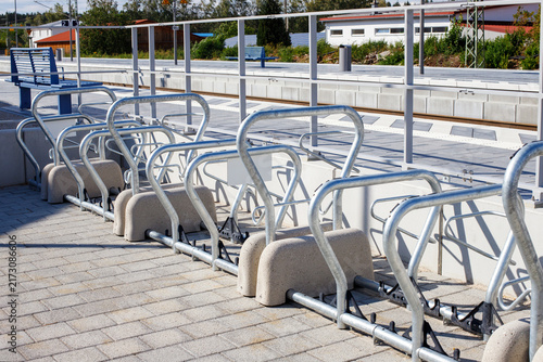 Empty Metal Bicycle Parking Racks at Railway Station Platform