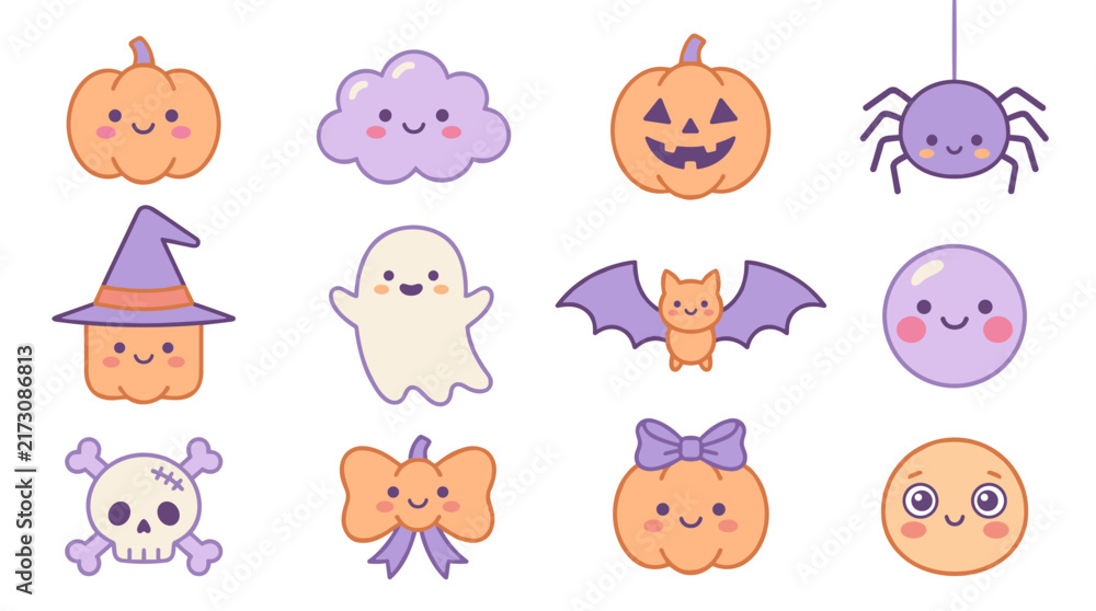 Obraz premium Set of cute halloween character illustrations with pumpkins ghosts and mystical animals