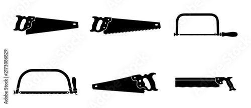 Bild auf Leinwand 70 Set of Six Black Silhouette Saws, Hand Tools Collection, Woodworking Equipmen