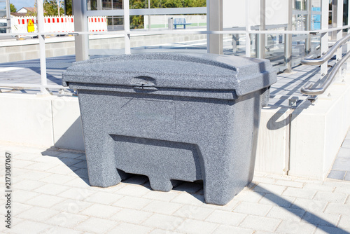 Grey Plastic Grit Bin for Winter Road Salt at Railway Station