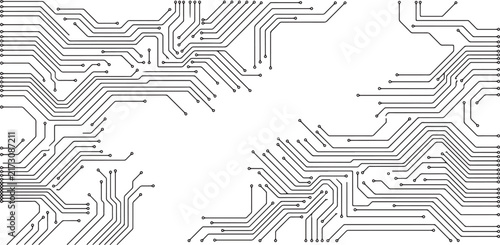 Black circuit board tracks border design on transparent background for modern electronic interface.