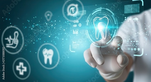 Hand in glove touching virtual dental icon on futuristic interface. Digital health and medical technology concept.