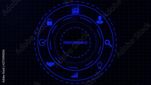 Futuristic digital interface with the word PERFORMANCE in the center of a circular HUD surrounded by for security lock growth chart handshake management on a dark grid background.4K Video.