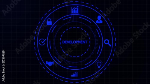 Futuristic digital interface with the word DEVELOPMENT in the center and for business analytics security and innovation on a dark background.4K animation motion graphic Video.