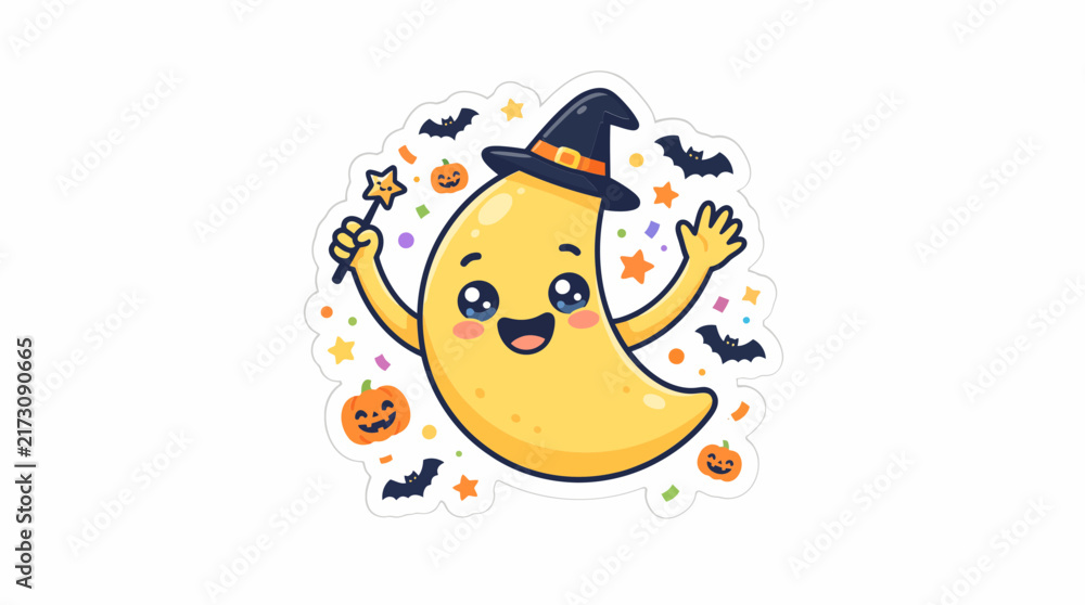 Fototapeta premium Happy crescent moon character wearing a cute black witch hat while holding a magic wand surrounded by playful pumpkins and flying bats in this vibrant and fun halloween vector illustration