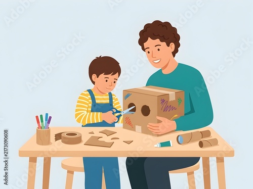 Father and son crafting a cardboard helmet together at a table