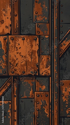 Rusted metal plating texture with industrial rivets and weathered steel panels background.