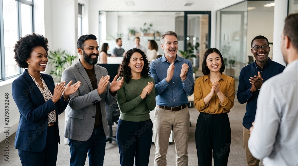 Fototapeta premium Diverse professional team clapping for a colleague in a modern office