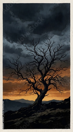 Silhouette of a bare tree against a dramatic orange sunset sky and dark storm clouds