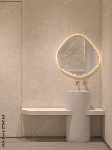 Obraz na plátně Modern minimalist bathroom interior with sculptural vessel sink, organic backlit mirror, warm beige plaster walls and custom stone countertop in a refined contemporary design