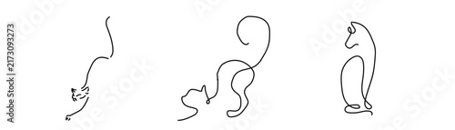 Continuous line drawing of cat set showing stretching sitting and standing feline silhouettes isolated on white background for minimalist art design