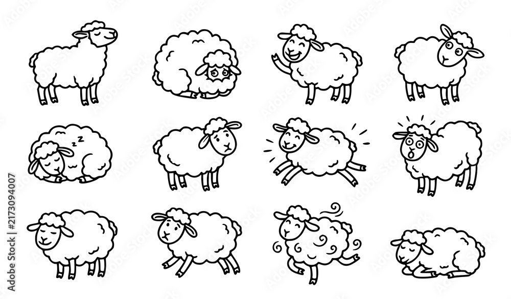 Obraz premium Funny Cute Sheep Character Hand Drawn Black Outline Doodle Vector Set