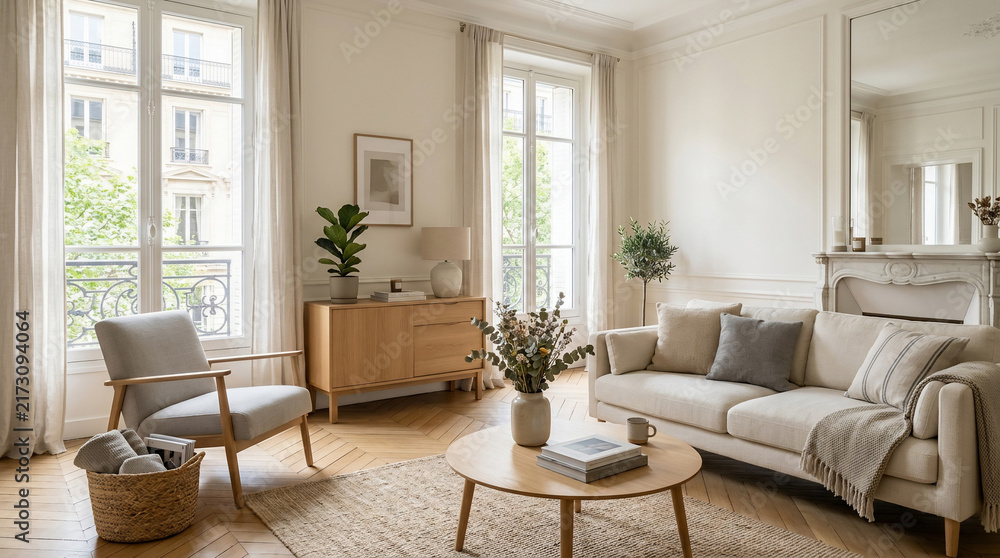 Fototapeta premium Bright and cozy modern living room interior with Scandinavian furniture, wooden floor, and large windows