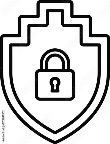 Monoline Shield Icon With Ziggurat Top and Central Padlock Representing Secure Data Protection and Cyber Safety System