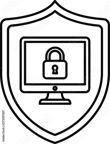 Monoline Shield Icon Featuring Computer Monitor Frame Silhouette With Padlock Symbol for Cyber Security and Data Protection
