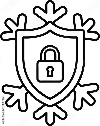 Monoline Snowflake Shield Icon With Central Padlock Symbol for Winter Security and Data Protection Concepts