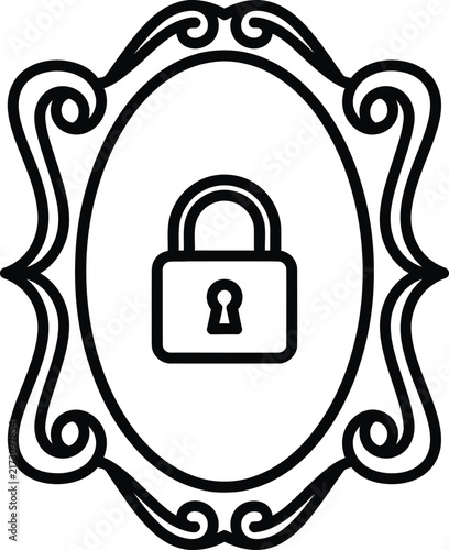 Ornate Cartouche Style Oval Shield Icon With Secure Padlock Symbol Featuring Decorative Scrolled Edges and Monoline Stroke