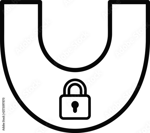Parabolic U Shaped Security Shield Icon With a Central Padlock Symbol Featuring a Minimalist Monoline Editable Stroke Style