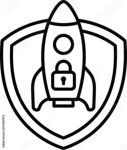 Rocket Ship Shield Icon With Padlock Symbol Representing Secure Space Launch and Data Protection